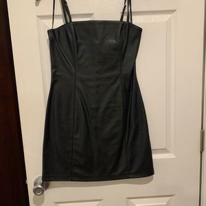faux leather spaghetti strap knee length dress